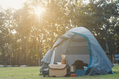 Man sitting in tent on field against trees