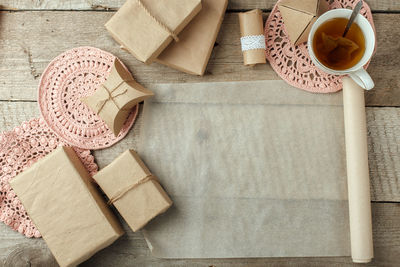 High angle view of coffee cup on table