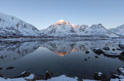 Scenic view of lake and snowcapped mountains against sky