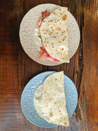 High angle view of breakfast served on table