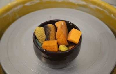 High angle view of dessert in plate on table