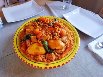 High angle view of breakfast served on table