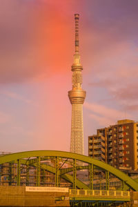 Illuminated buildings against sky during sunset