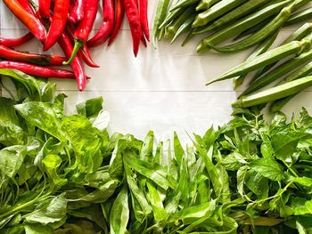High angle view of red chili peppers