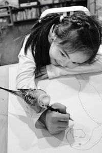 Cute girl looking at budgerigar on her hand while drawing on paper