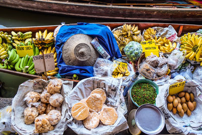 High angle view of vegetables for sale at market stall