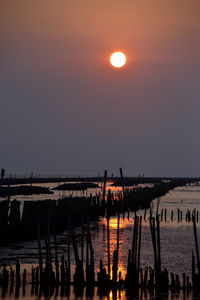 Silhouette wooden posts in sea against orange sky