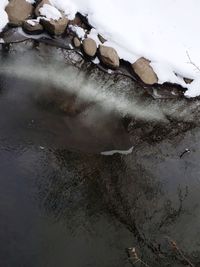 High angle view of snow on rocks