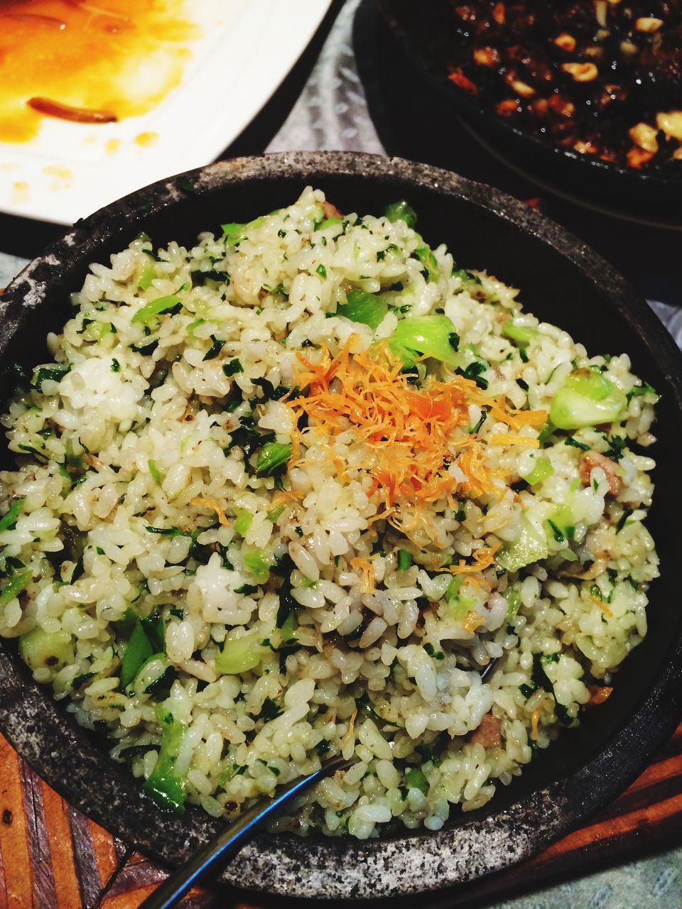 freshness, food and drink, food, indoors, healthy eating, vegetable, meal, ready-to-eat, high angle view, salad, close-up, still life, plate, rice - food staple, preparation, no people, table, meat, bowl, variation