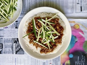 High angle view of meal served on table