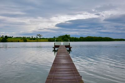 Pier over lake against sky