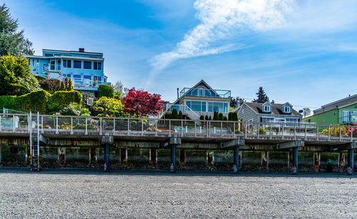 Buildings by river against sky