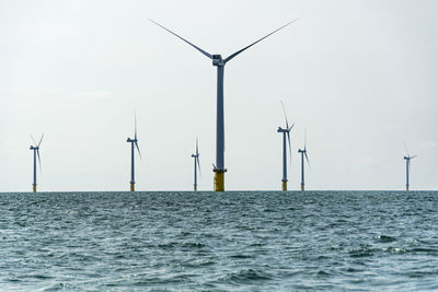 Wind turbines in sea against sky