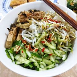 High angle view of salad in bowl on table