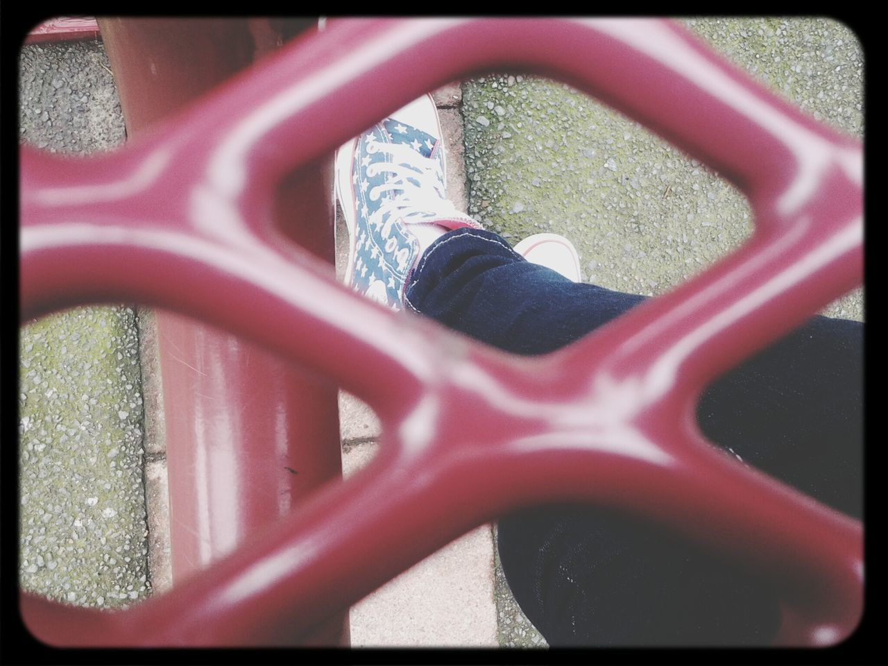 transfer print, auto post production filter, high angle view, red, low section, indoors, close-up, person, part of, sunlight, day, transportation, metal, human foot, land vehicle, shadow