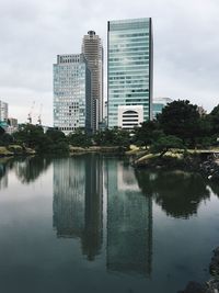 Reflection of buildings in lake against sky