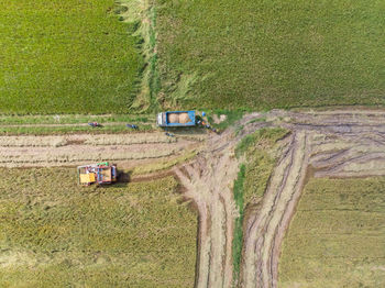 High angle view of tractor on field