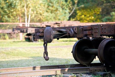 Close-up of old rusty railroad carriage 