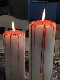 Close-up of lit candles on table