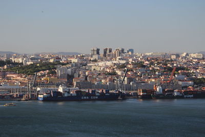 Aerial view of buildings in city against clear sky