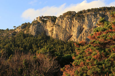 View of rock formation on mountain against sky