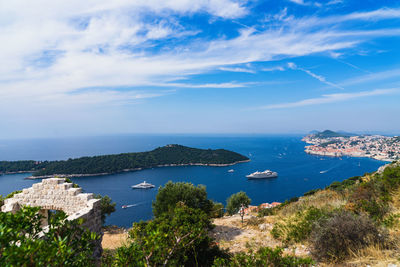 High angle view of bay against sky