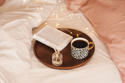 High angle view of coffee on table