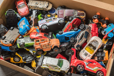 High angle view of toys in box