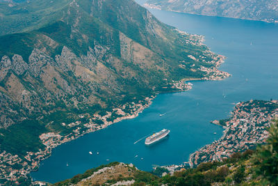 High angle view of boats on sea shore