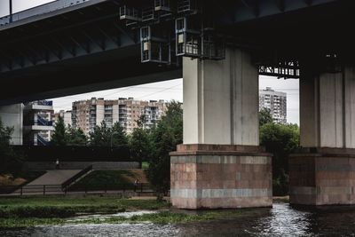 Bridge over river by buildings in city