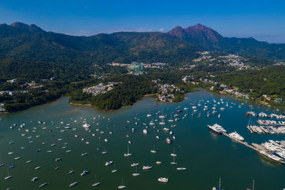 High angle view of boats in bay