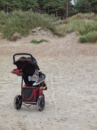 Shoes tied up to baby stroller on field