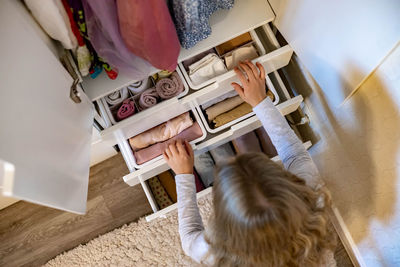 High angle view of girl at home