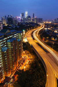 High angle view of light trails on kuala lumpur highway at night