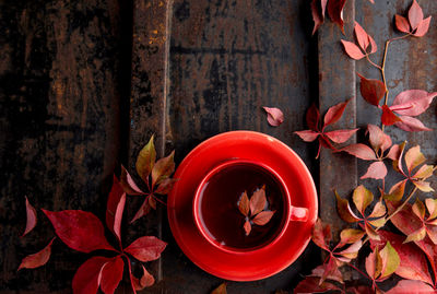 Close-up of red maple leaves on table