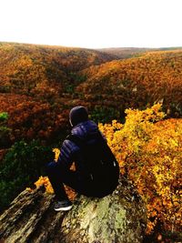 Rear view of man sitting on rock