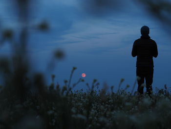 Rear view of man standing on field against sky