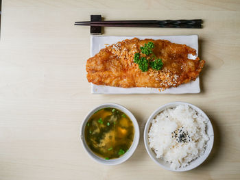 High angle view of food served on table