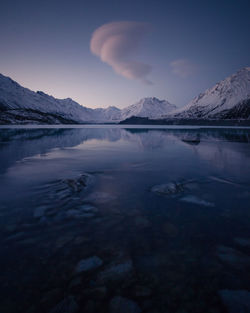 Scenic view of lake and snowcapped mountains against sky