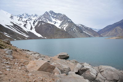 Scenic view of lake and snowcapped mountains against sky