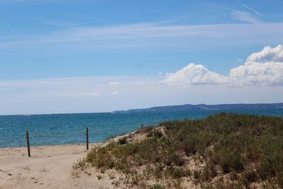 Scenic view of sea against blue sky