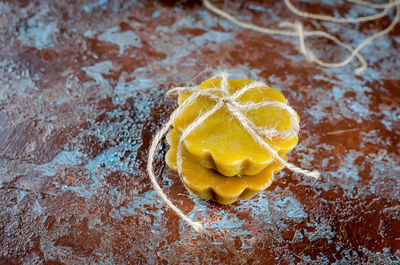 High angle view of dessert on textured table