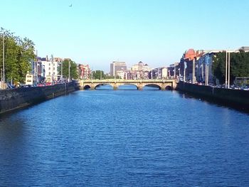 Bridge over river with buildings in background