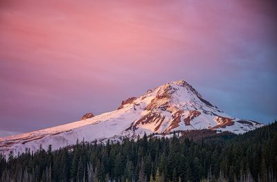 Scenic view of snowcapped mountains against sky during sunset