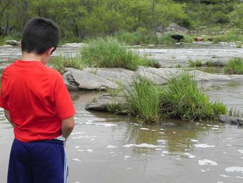 Boy in river by trees