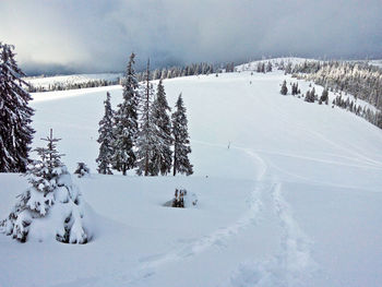 Scenic view of snow covered landscape against sky