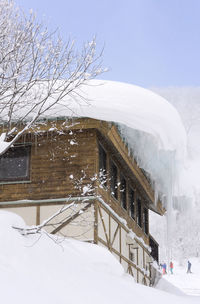 Snow covered buildings against sky