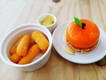 High angle view of food in plate on table