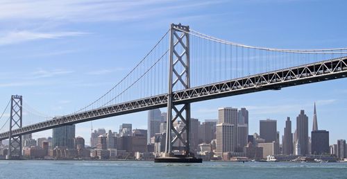 View of suspension bridge with city in background