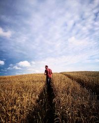 Rear view of man walking on field against sky